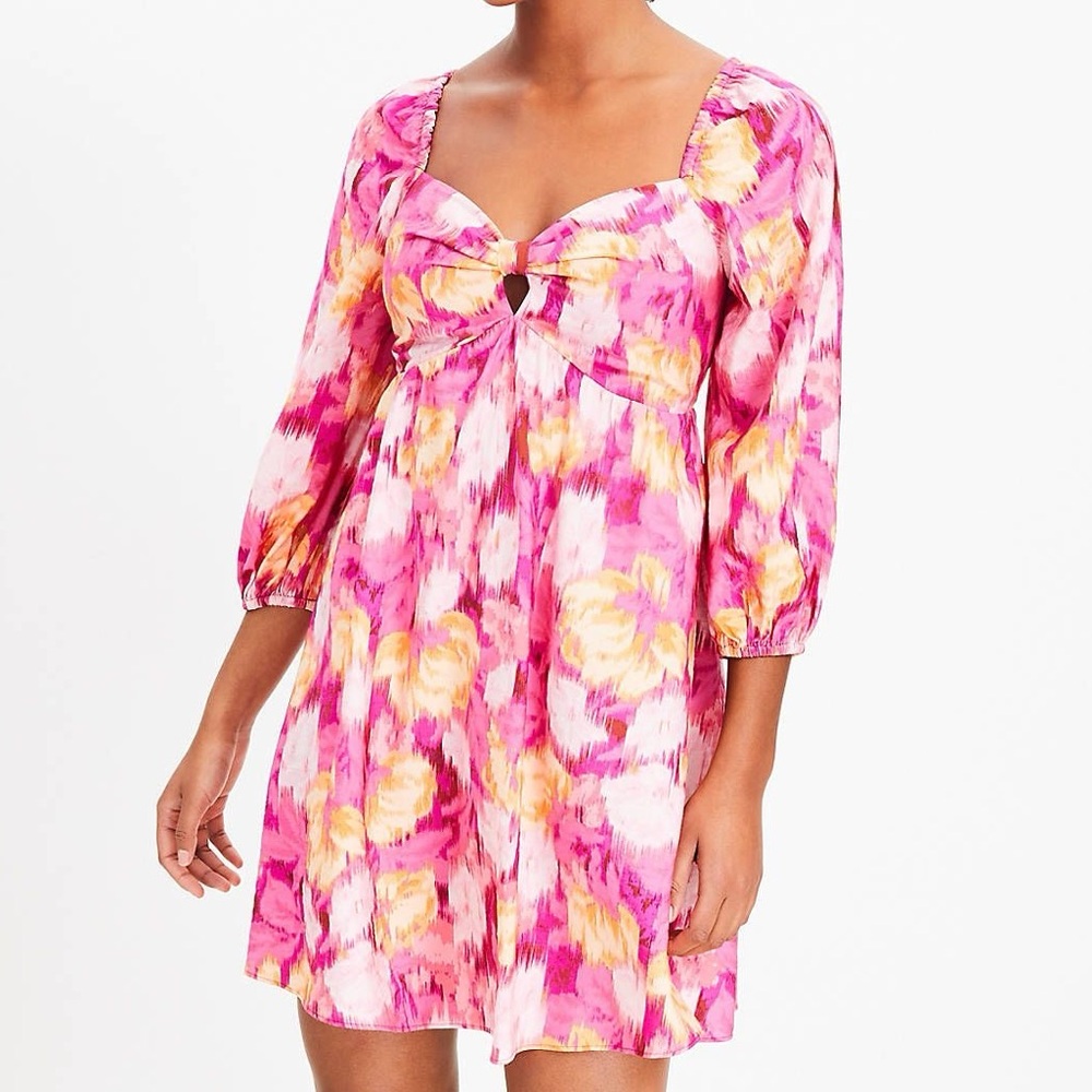 LOFT NWT Pink Floral Ikat Knotted Puff Sleeve Swing Dress Magenta Sunset Large - Picture 2 of 9